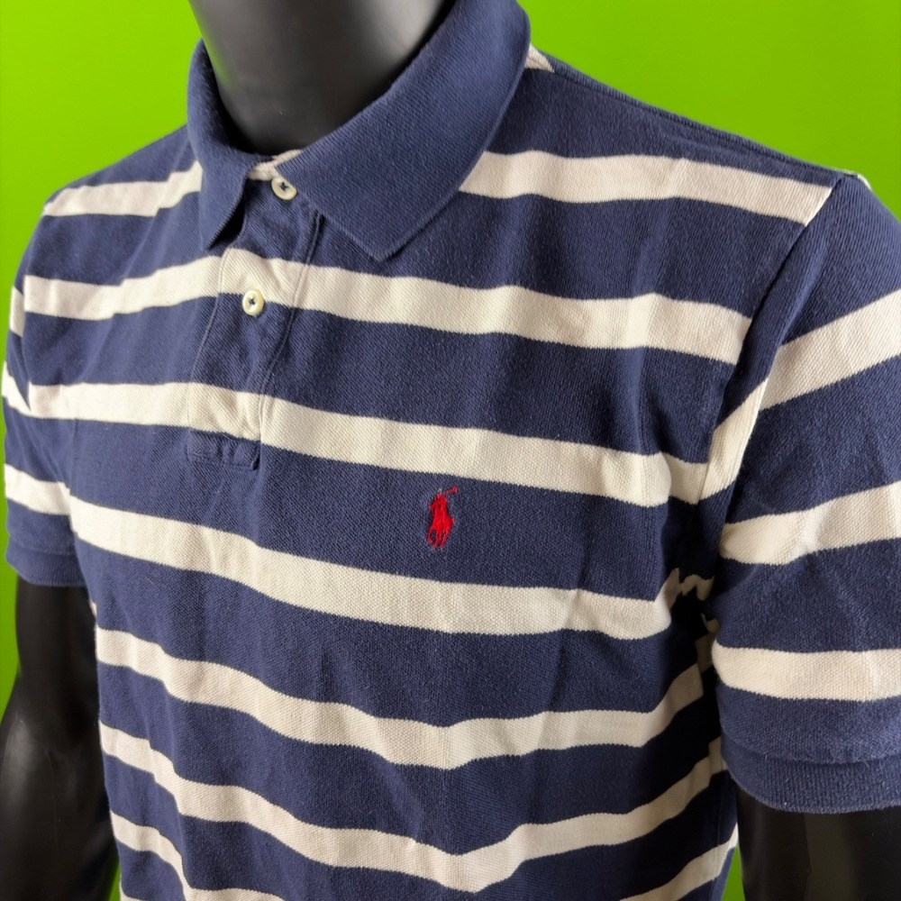 Vintage Polo Ralph Lauren Polo Shirt Mens L Blue White Striped S/S Pique Cotton